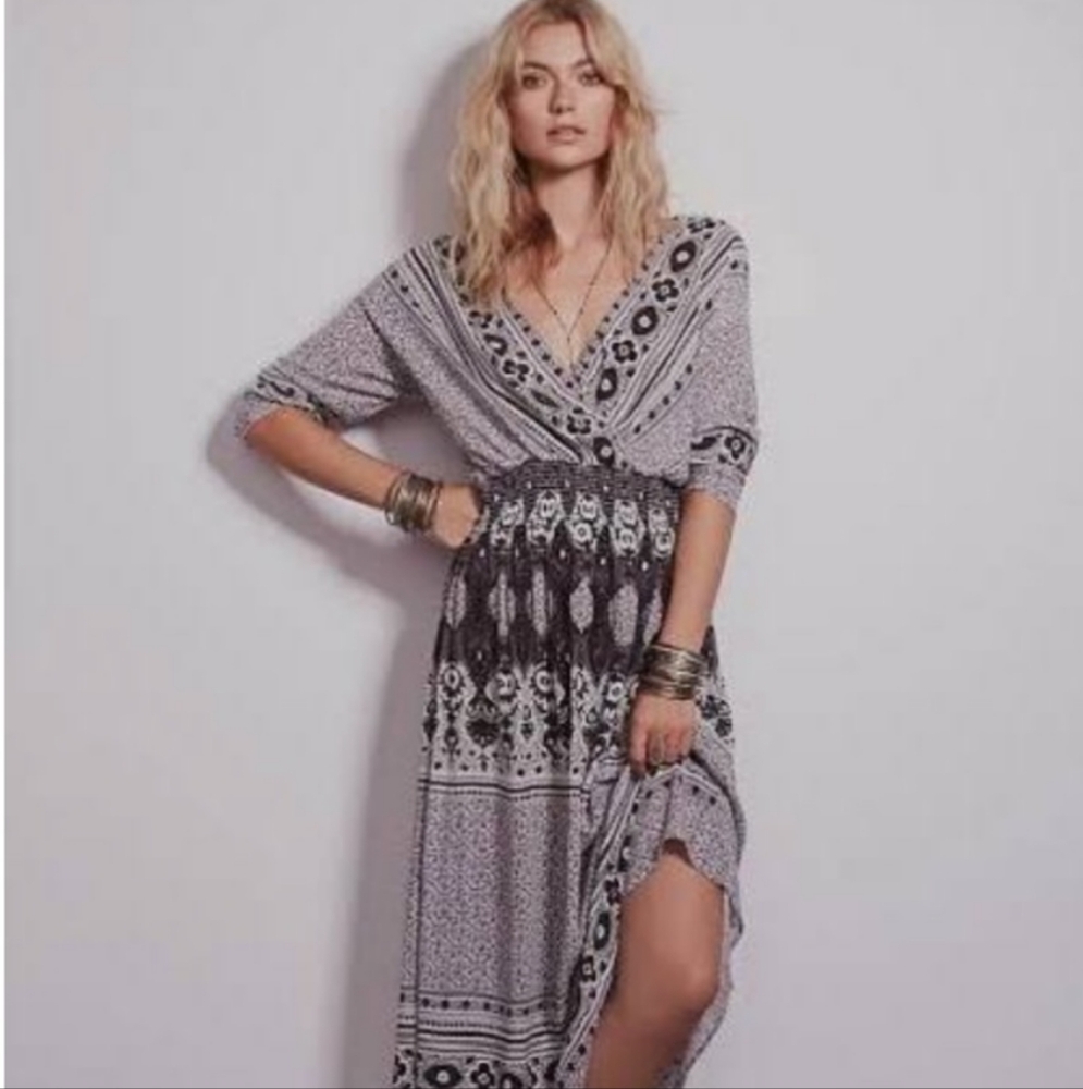 Free People She's A Lady Reversible Plunge Neck Block Print Midi Dress Boho